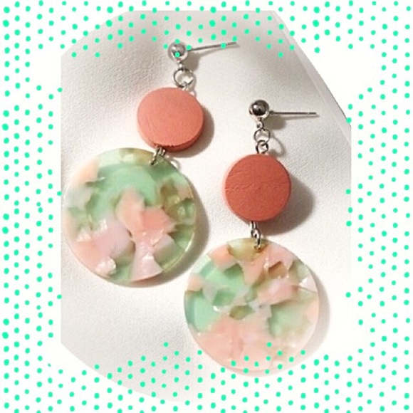 Earrings-Acrylic Silver Tone Pink/Green - Picture 2 of 4